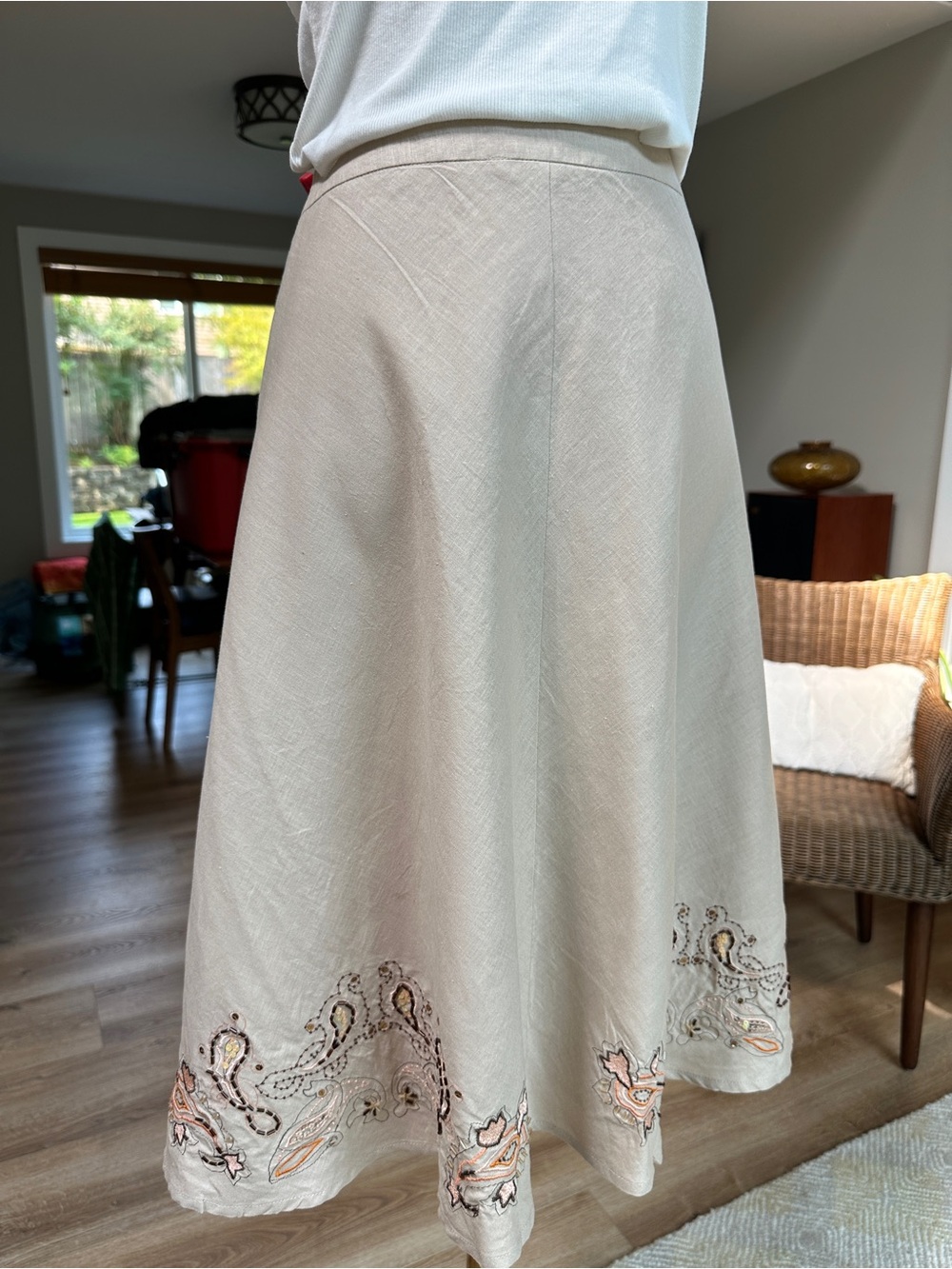 Beige linen Embroidered A-Line circle Midi Skirt